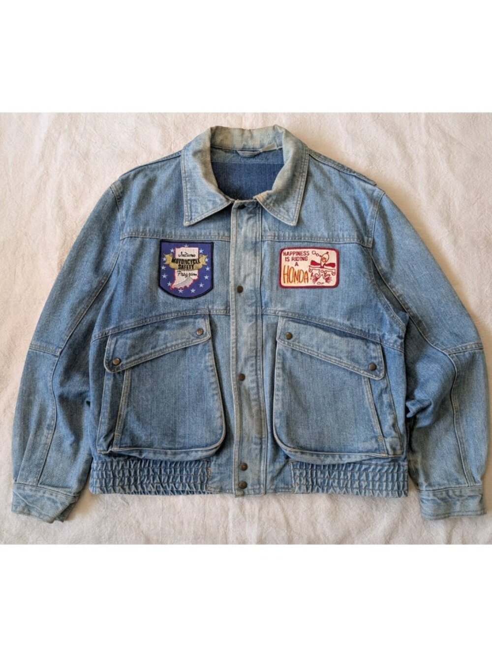 Vintage 80s Snoopy Honda Biker Denim Patch Jacket Wrangler Pocket Full Zip Large - Picture 2 of 12